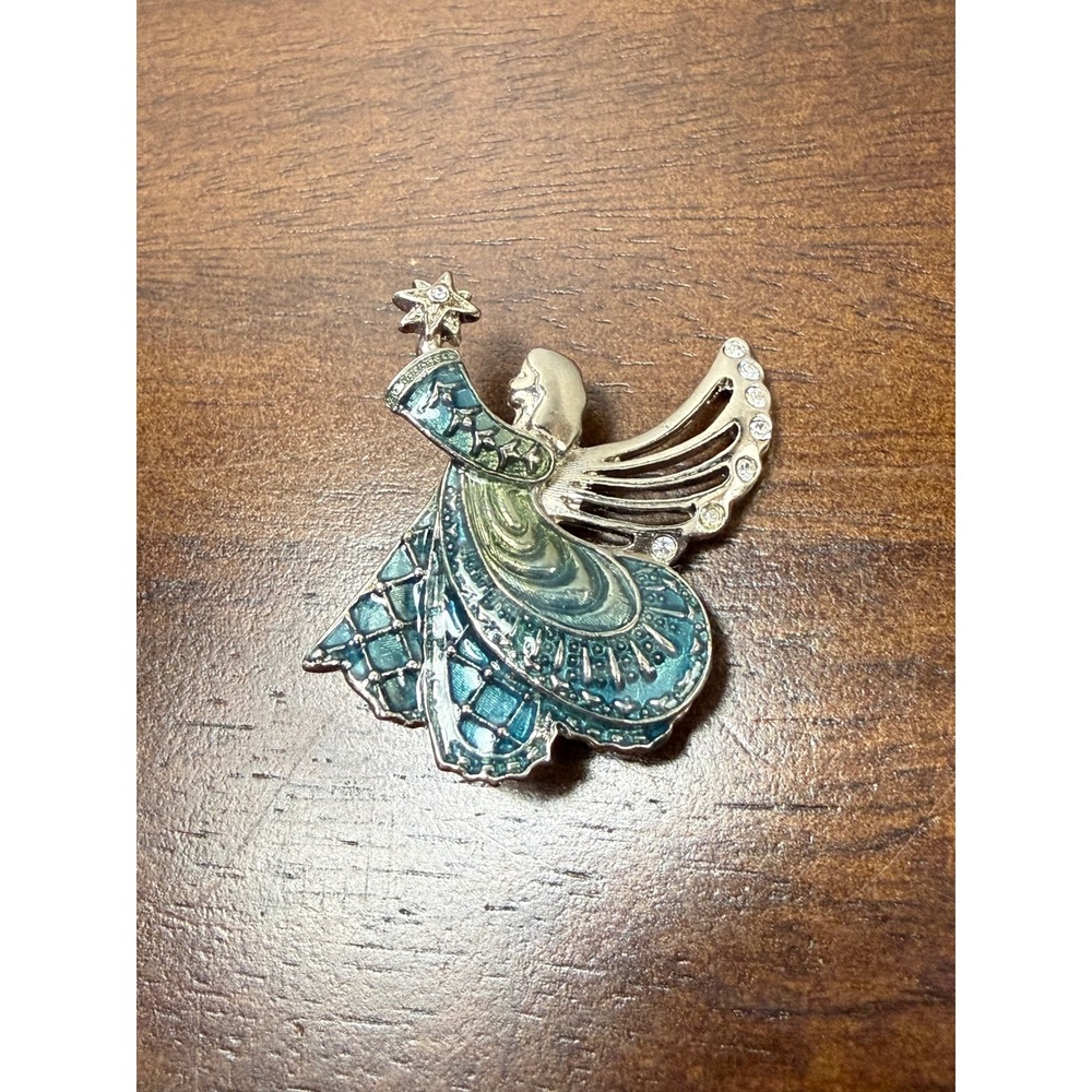 Monet Silver Tone Blue Green Enamel Angel Brooch Rhinestone Star Pin Holiday - Picture 2 of 5